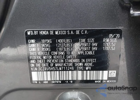 2020 Honda Hr-V 2Wd Ex from USA, damaged, VIN 3CZRU5H57LM711246
